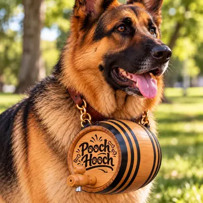 Close-up of a German Shepherd wearing a Pooch Hooch 1-liter wooden dog barrel with engraved logo, black metal hoops, wooden spigot and leather collar.