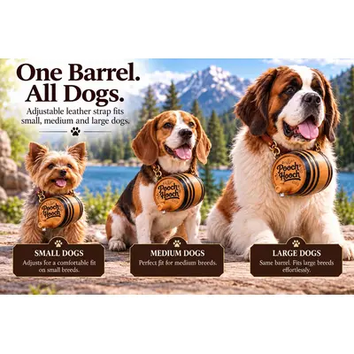 Pooch Hooch 1-liter oak dog barrels worn by small, medium and large dogs, featuring adjustable leather straps, black hoops and wooden spigots. Copy alt text