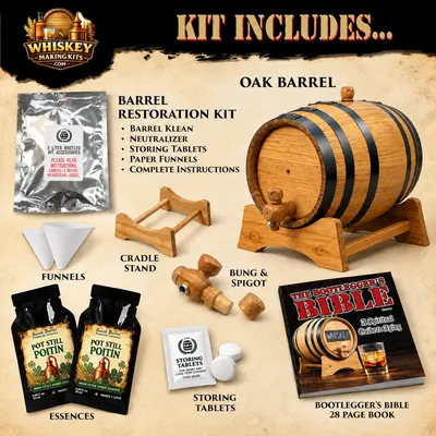 Pot Still Poitín barrel aging kit includes a real oak barrel, two Poitín essence packets, barrel restoration kit, funnels, cradle stand, bung and spigot, storing tablets, and Bootlegger’s Bible aging guide.