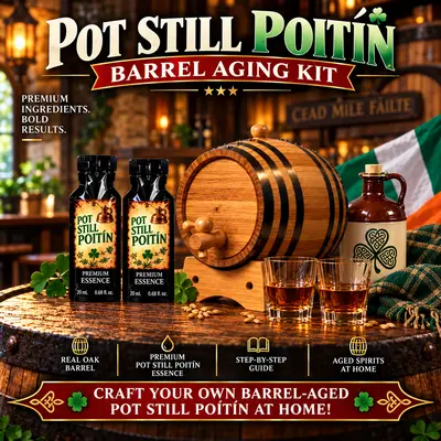 Pot Still Poitín barrel aging kit with real oak barrel, premium Poitín essence, Irish-inspired accessories and whiskey glasses for crafting barrel-aged Poitín-style spirits at home.