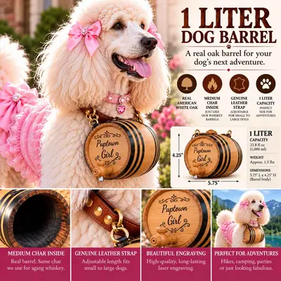 PupTown Girl 1-liter American white oak dog barrel worn by a white poodle with pink bows, featuring laser engraving, leather strap, medium-char interior, and product dimensions.