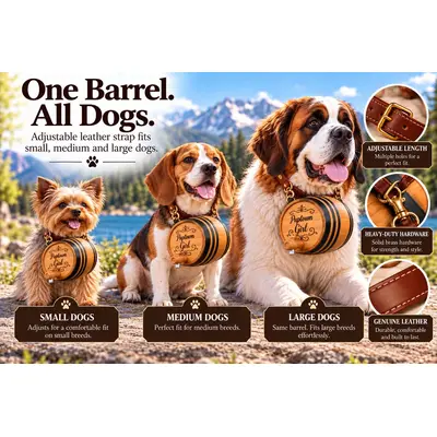 PupTown Girl engraved wooden dog barrels displayed on small, medium, and large dogs, illustrating adjustable leather straps and brass hardware for different dog sizes.