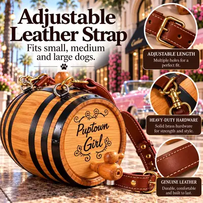 PupTown Girl engraved 1-liter American oak dog barrel with adjustable genuine leather strap, brass buckle, metal attachment hardware, and wooden spigot.