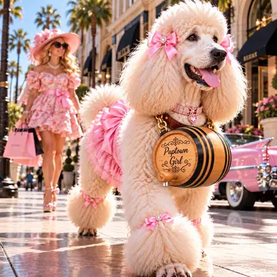 Glamorous white standard poodle wearing a PupTown Girl engraved oak dog barrel, pink bows, and frilly outfit in a luxury shopping district beside a pink convertible.