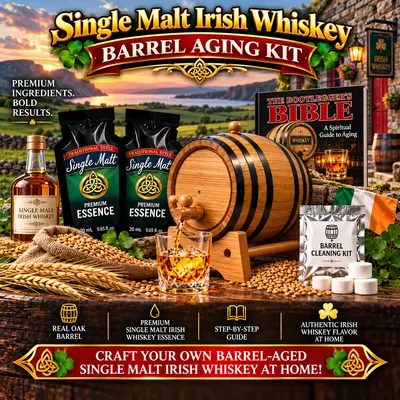 Dublin Single Malt Irish Whiskey making kit featuring oak barrel aging system, premium essence pouches, Bootlegger’s Bible guide, and home whiskey gift set