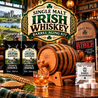Dublin Single Malt Irish Whiskey making kit featuring oak barrel aging system, premium essence pouches, Bootlegger’s Bible guide, and home whiskey gift set