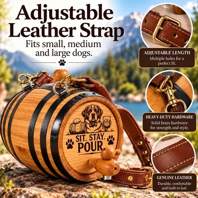 Sit Stay Pour 1-liter American white oak dog barrel featuring an adjustable genuine leather strap, brass buckle, heavy-duty attachment hardware, and engraved barrel head.