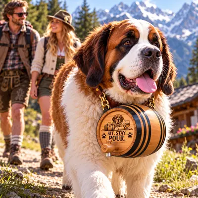 Saint Bernard wearing a Sit Stay Pour 1-liter oak dog barrel with leather strap while hiking in the Alps, with a couple walking along a mountain trail.