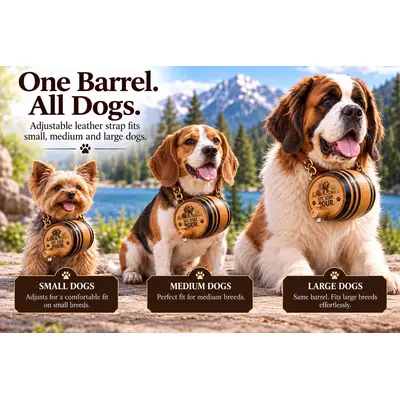 Small Yorkshire Terrier, medium Beagle, and large Saint Bernard wearing the Sit Stay Pour 1-liter oak dog barrel, showing adjustable leather strap fit across dog sizes.