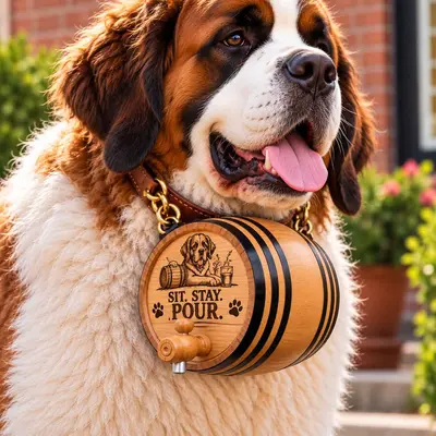 Close-up of a Saint Bernard wearing a 1-liter oak dog barrel engraved with the funny Sit Stay Pour design, featuring black metal hoops, wooden spigot, and leather strap. Copy alt text