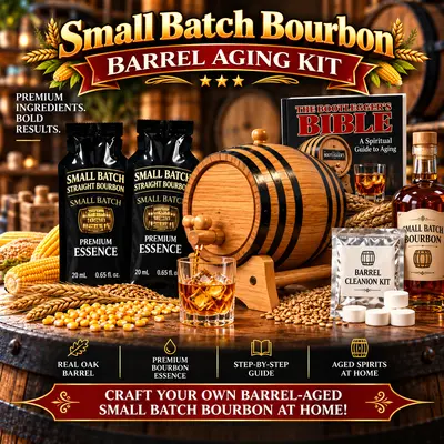 Small Batch Bourbon Barrel Aging Kit featuring real American oak barrel, essence packets and glass of bourbon over ice.