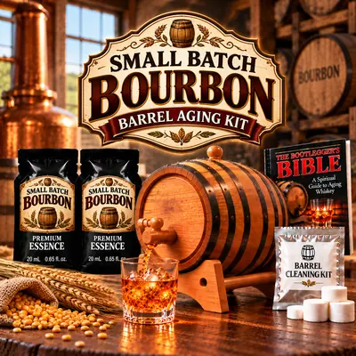 Small Batch Bourbon Barrel Aging Kit featuring real American oak barrel, essence packets and glass of bourbon over ice.