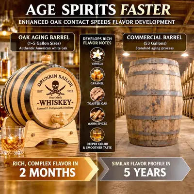 Drunkin Sailor personalized oak whiskey aging barrel compared with a 53-gallon commercial barrel, highlighting faster flavor development and oak aging benefits.