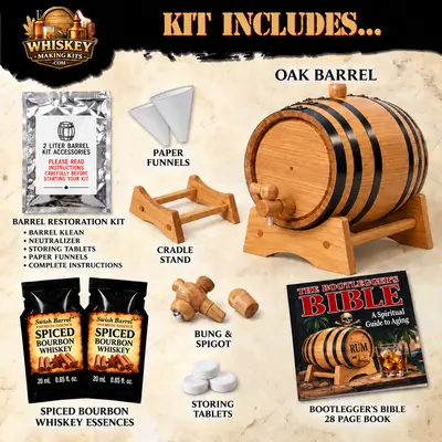 Spiced bourbon whiskey barrel aging kit includes a real oak barrel, two spiced bourbon whiskey essence packets, barrel restoration kit, paper funnels, cradle stand, bung and spigot, storing tablets, and Bootlegger’s Bible aging guide.
