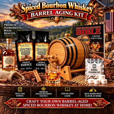 Spiced bourbon whiskey barrel aging kit with real oak barrel, two premium spiced bourbon essence packets, Bootlegger’s Bible aging guide, barrel cleaning kit, whiskey glass, cinnamon and warm spices for aging bourbon at home.