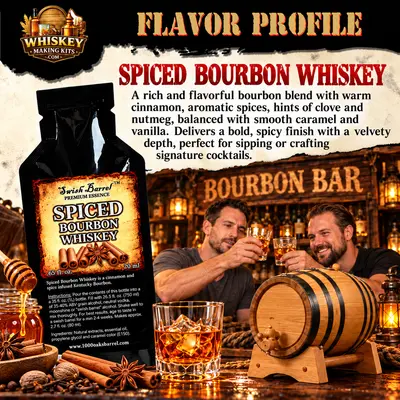 Spiced bourbon whiskey essence flavor profile featuring warm cinnamon, clove, nutmeg, caramel and vanilla notes, with an oak aging barrel and bourbon bar setting.