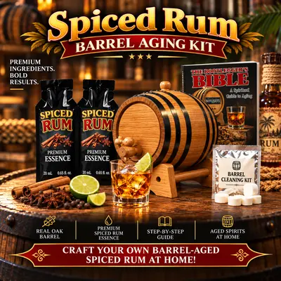 Spiced Rum barrel aging kit featuring oak aging barrel, premium essence packets, rum glass, spices, and complete home aging system.