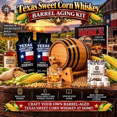 Texas Sweet Corn Whiskey barrel aging kit hero image with oak whiskey barrel, corn kernels, premium essence pouches, glass of whiskey, and complete home infusion gift set