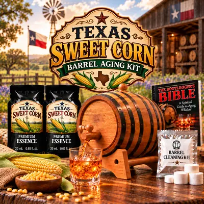 Texas Sweet Corn Whiskey barrel aging kit hero image with oak whiskey barrel, corn kernels, premium essence pouches, glass of whiskey, and complete home infusion gift set