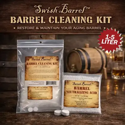 Thousand Oaks Swish Barrel Cleaning Kit for small oak barrels with barrel cleaner, neutralizing acid and tablets for restoring and maintaining aging barrels