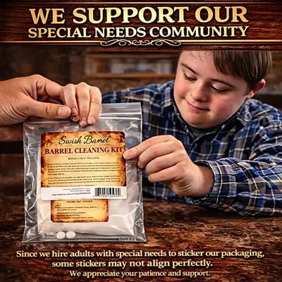 Swish Barrel Cleaning Kit packaging being labeled by worker with special needs highlighting handcrafted packaging and brand support for the special needs community