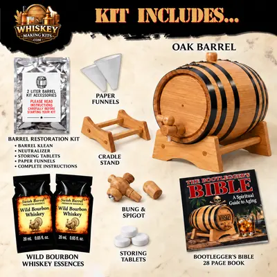 Wild Bourbon Whiskey barrel aging kit includes a real oak barrel, two Wild Bourbon Whiskey essence packets, barrel restoration kit, paper funnels, cradle stand, bung and spigot, storing tablets, and Bootlegger’s Bible aging guide.