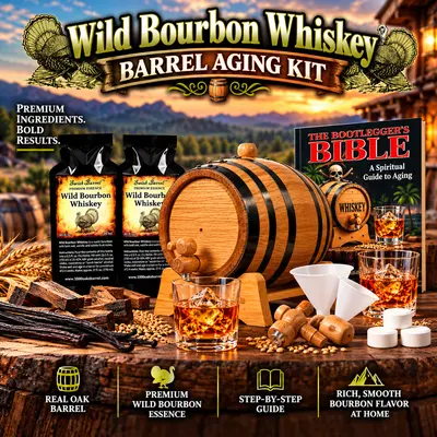 Wild bourbon whiskey barrel aging kit with real oak barrel, two Wild Bourbon Whiskey essence packets, Bootlegger’s Bible aging guide, whiskey glasses and barrel accessories for crafting barrel-aged bourbon whiskey at home.