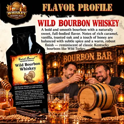 Wild Bourbon Whiskey flavor profile featuring premium essence, rich caramel, vanilla, toasted oak, honey and subtle spice notes, with an oak aging barrel and bourbon whiskey.