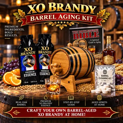 XO Brandy barrel aging kit featuring American oak aging barrel, premium XO brandy essence packets, brandy glass, and complete home aging system.