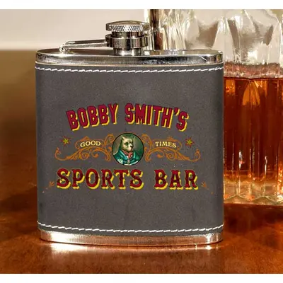 'Sports Bar' Personalized Leather Flask (B475)