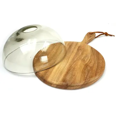 Glass smoking cloche dome with round wooden cutting board and handle, designed for smoked cocktails and whiskey presentation, shown on white background.