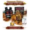 Cinnamon whiskey infusion kit with oak barrel aging system, premium essence pouches, glass of spiced whiskey over ice and cinnamon sticks background.