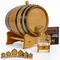 American white oak whiskey aging barrel with spigot pouring bourbon into a clear glass, includes wooden stand and black steel hoops for home bar use.