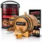 Man Can Original Whiskey Making Kit featuring handcrafted oak aging barrel pouring whiskey into a glass, gift can packaging, Bootlegger’s Bible guide, and flavoring bottles on a clean white background.