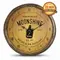 Personalized moonshine quarter barrel clock with rustic wood barrel head design and moonshine jug graphic custom distillery sign wall decor.
