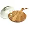 Glass smoking cloche dome with round wooden cutting board and handle, designed for smoked cocktails and whiskey presentation, shown on white background.
