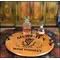 21-inch round authentic oak barrel head serving tray with wrought iron handles displaying Irish whiskey decanter and glass in a rustic bar setting.
