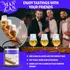 Men enjoying whiskey tasting flight using Man Can barrel stave board and Glencairn glasses in a home bar setting.