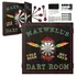 Personalized dartboard cabinet mounted on a wood-paneled wall featuring “Maxwell’s Dart Room” design with flames, dartboard graphic, and bar-style décor accents.