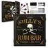 Custom Sully’s Rum Bar dartboard cabinet set featuring a skull and crossbones pirate design, personalized name text, steel-tip darts, and complete mounting hardware on a white background.