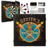 Personalized Tiki Bar dartboard cabinet set with custom name, tropical tiki mask design, included darts, mounting hardware, and accessories displayed on white background.