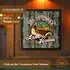 Custom lake house dartboard cabinet mounted on wood wall featuring personalized family name, rustic wood plank background, vintage boat illustration, and rope border details.