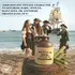 Rustic ceramic moonshine jug with brown top and humorous text ‘The liver is evil and must be punished,’ displayed on a beach barrel with pirate reenactors in the background; unique novelty drinkware and humorous barware gift