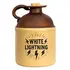 White Lightning moonshine jug with bold lightning bolt artwork on a two-tone ceramic jug, isolated on a white background for product display and e-commerce listings.