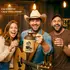 Smiling friends in a rustic bar holding a mermaid moonshine jug, showcasing handcrafted stoneware craftsmanship and humorous nautical bar décor.