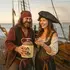 Two people dressed as pirates sharing drinks on a ship while holding a mermaid moonshine jug, emphasizing humorous nautical-themed barware and vintage design.