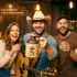 Three friends smiling and raising drinks in a rustic bar as they showcase an alien-abduction moonshine jug, promoting excellent craftsmanship and humorous barware.