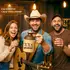 Three smiling adults in a rustic bar setting hold up glasses of moonshine while the man in the center, wearing a cowboy hat and holding a guitar, displays a ceramic jug labeled “XXX Moonshine.” A sign reading “Excellent Craftsmanship” appears in the upper left corner