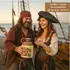 Smiling pirate-costumed couple on a wooden ship sharing drinks from a vintage Mountain Dew moonshine jug, promoting unique serving style.
