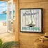 Closed beach house dartboard cabinet mounted on a coastal wood wall with ocean view through open doors, featuring nautical sailboat design and personalized beach house decor.
